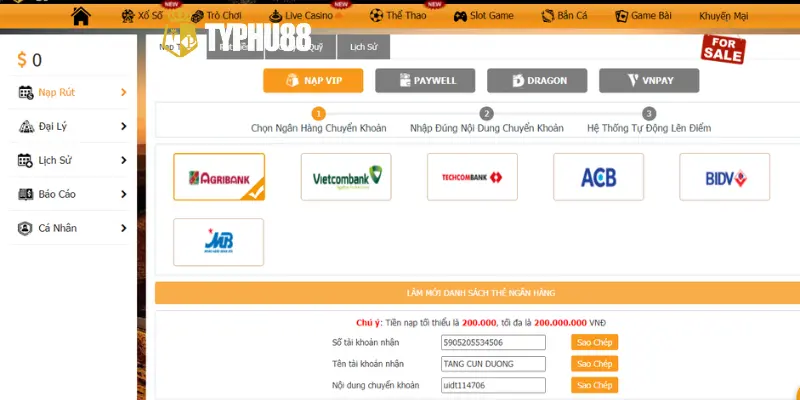 Quy trình Nạp Tiền typhu88 đơn giản và nhanh chóng
