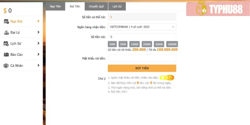 Quy Trình Rút Tiền Typhu88 Chi Tiết